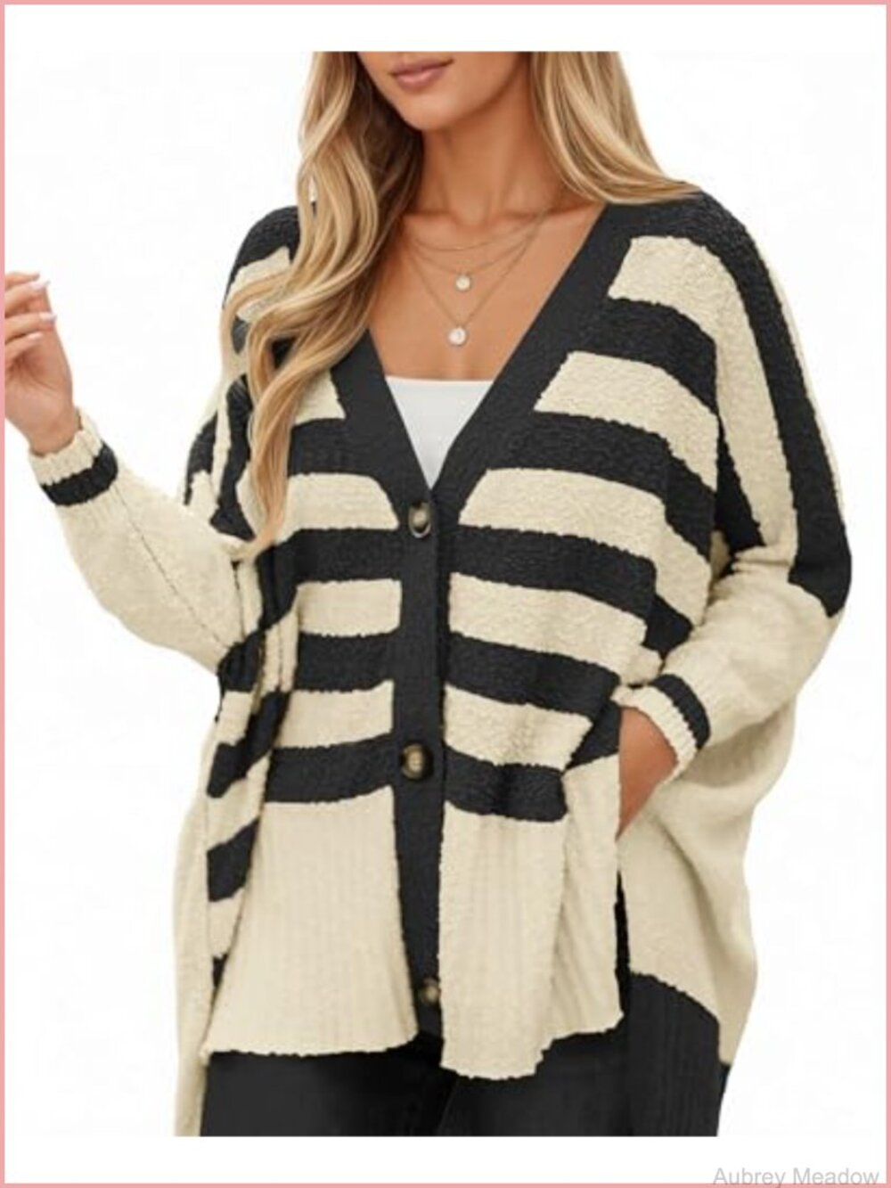 Oversized Striped Fuzzy Knit Button Down V-Neck Cardigan Sweater